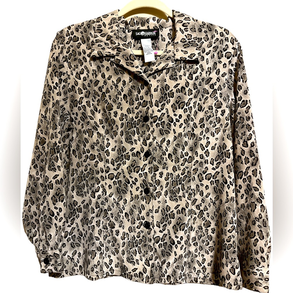 Sag Harbor - Petite leopard blouse size 14p VTG NOWT,button down,100% polyester
